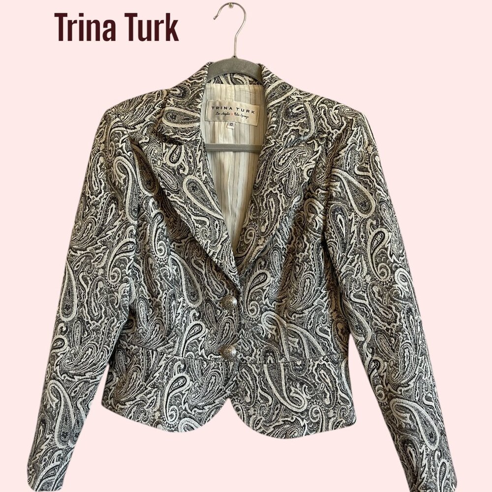 Trina Turk Vintage Paisley Blazer Jacket Size 10 Grey Silver NWOT